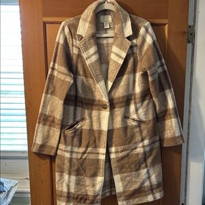 Cynthia Rowley Brown & Cream Plaid Single-Button Pea Coat